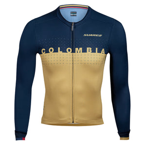 2021 Colombian Collection Mens Performance Long Sleeve Cycling Jersey Blue & Gold by Suarez